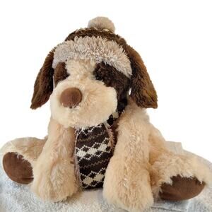 Plush Dog Stuffed Animal 12" Tan Brown Hat Scarf Winter Hugfun International